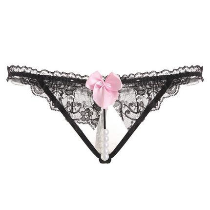 Pink bow lace crotch sexy pearl massage underwear