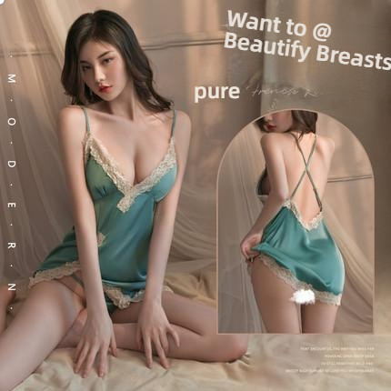 Fei Mu Shen V suspender sexy simulation silk nightgown blue-green