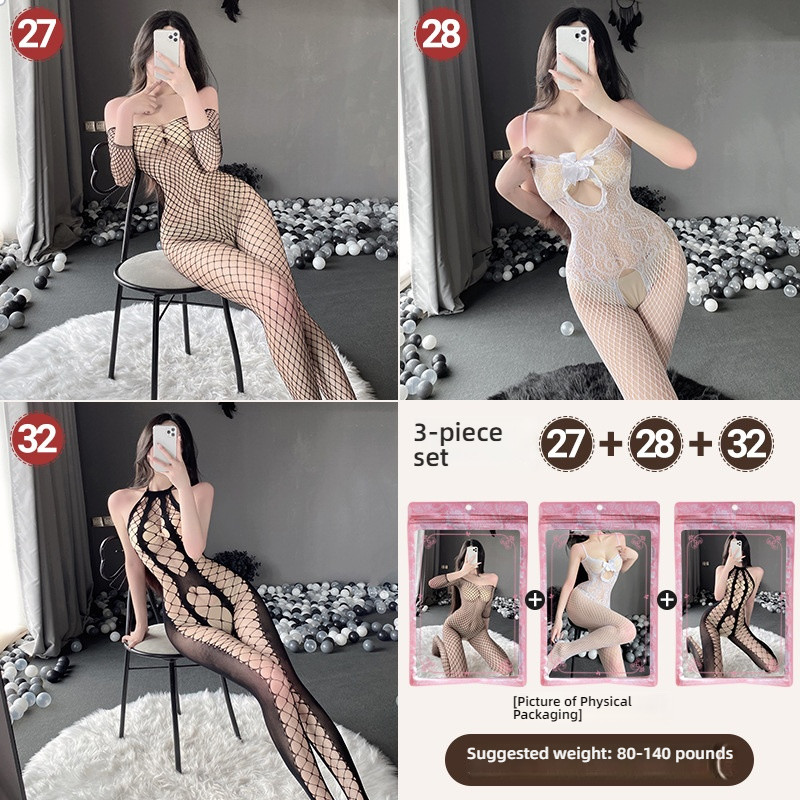 Linlin Ting sexy lingerie cross-border plus size sexy see through hollow one-piece seduction set open stocking set