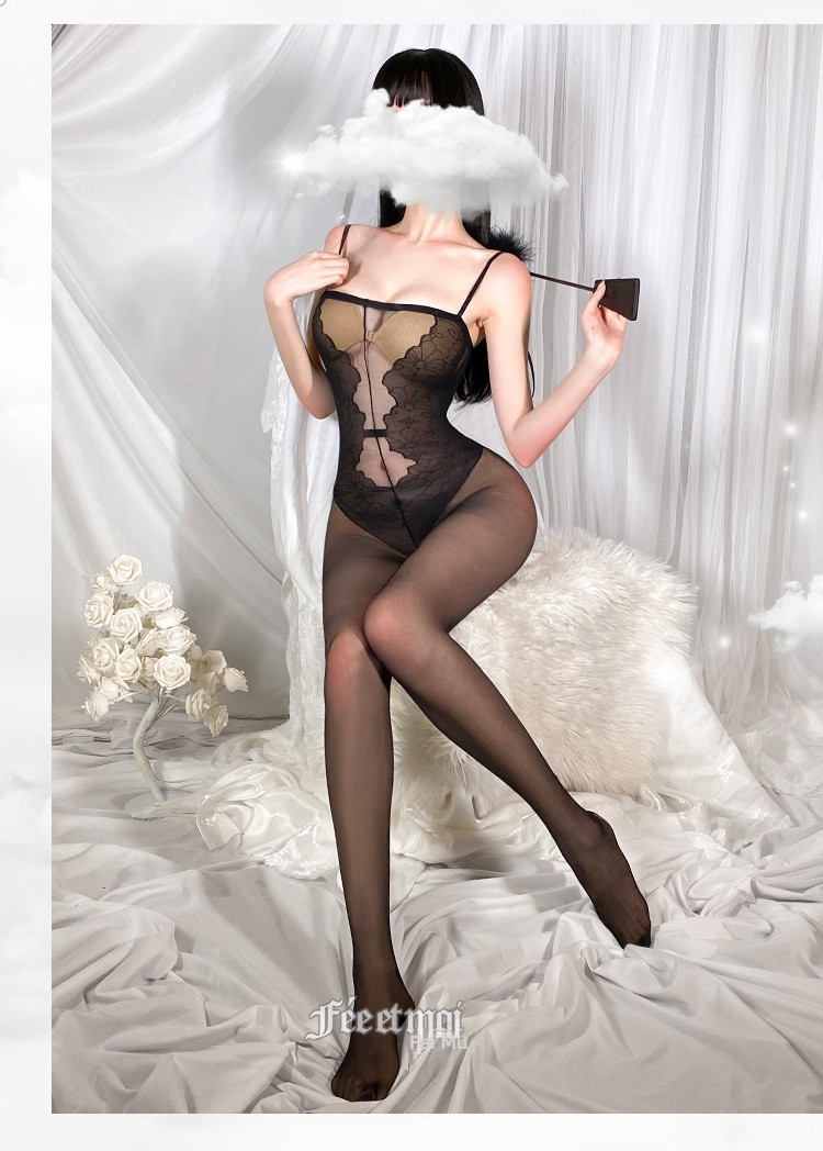 Fei Mu black silk transparent sexy open cut jumpsuit