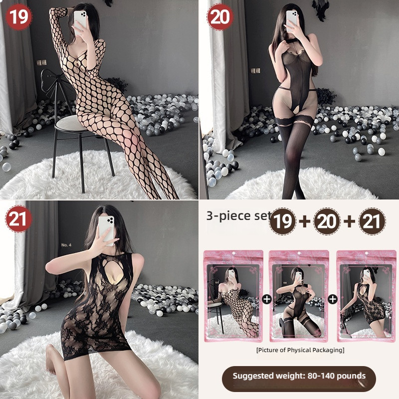 Linlin Ting sexy lingerie cross-border plus size sexy see through hollow one-piece seduction set open stocking set