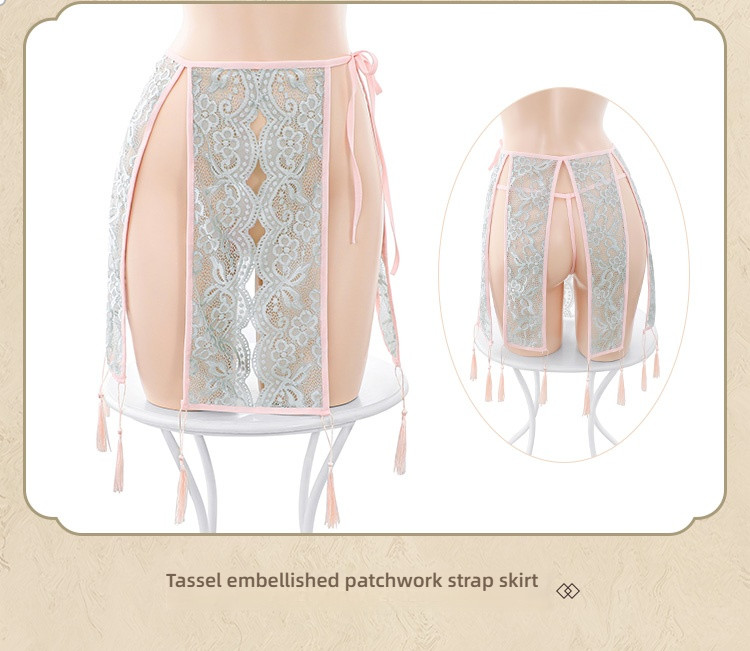 Fei Mu lace bellyband tassel retro split skirt gray green+pink